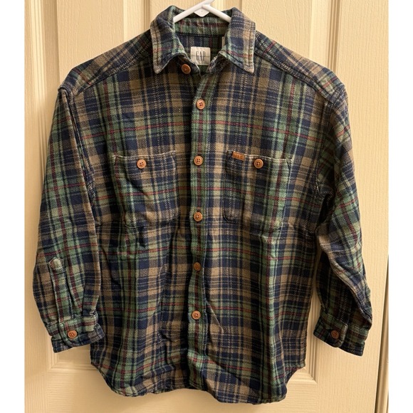 GAP Other - Vintage 1990s Gap Plaid Flannel Button‎ Up Shirt/jacket Boys Medium Leather Logo